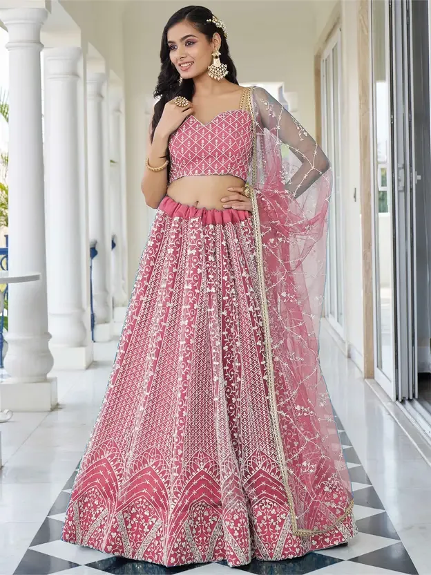 embroidery semi stitched lehenga choli set (pink)