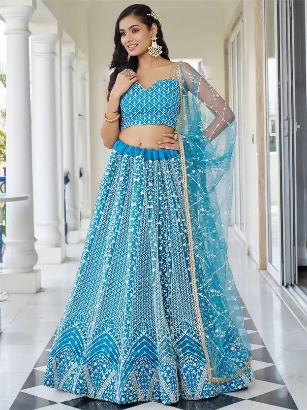 Embroidered Semi Stitched Lehenga Choli (sky blue)